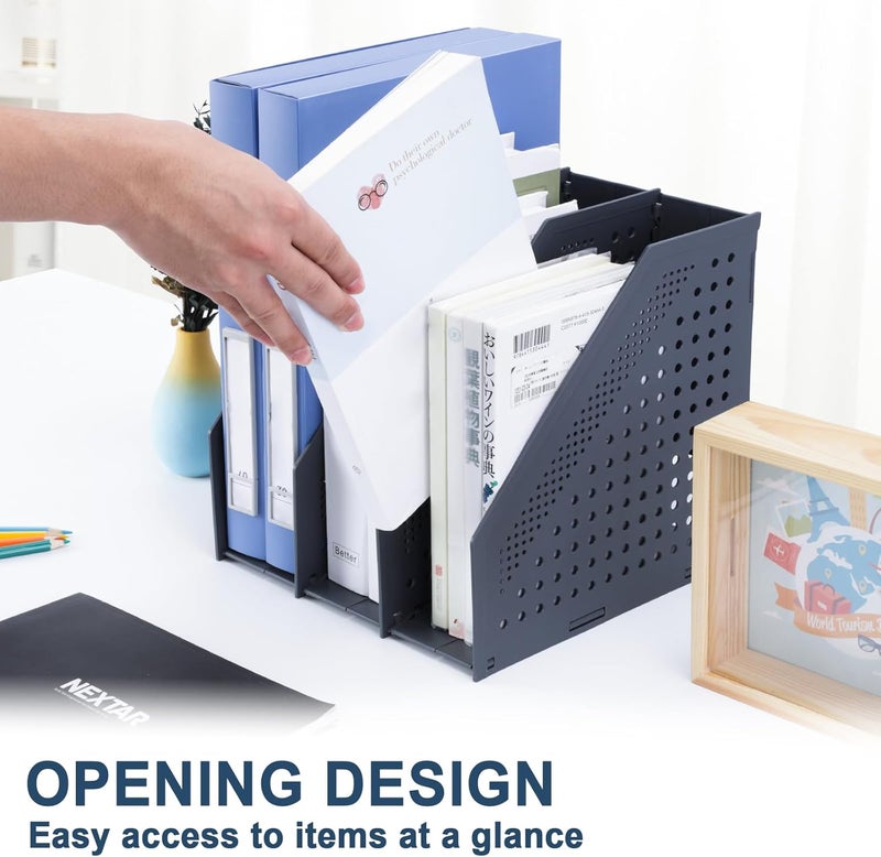 FRETONBA Collapsible Magazine File Holder with 3 Vertical Compartments Foldable Binder Holder for Desk Binder Storage Organizer Plastic Magazine Holders for Shelf, Dark Gray - Image 2